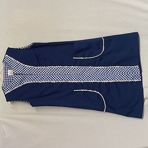 1960s/70s Gingham Trimmed Navy Shift House Dress Sleeveless Navy Pockets Sz M